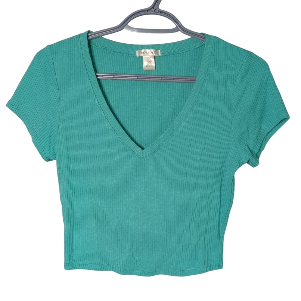 Bozzolo Teal‎ Ribbed Women's V Neck Cropped Top Size Large